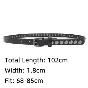Elegant black slim rivet belt for women featuring 102cm length and 1.8cm width specifications