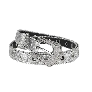 Close-up of Y2K silver glitter belt with rhinestone buckle and metal eyelets