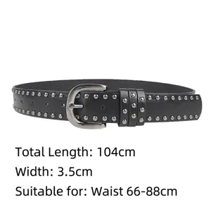 Black punk style belt for women with silver studs, total length 104cm and width 3.5cm