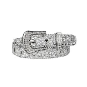 Close-up view of a silver Y2K rhinestone belt featuring sparkly sequins and metal eyelets