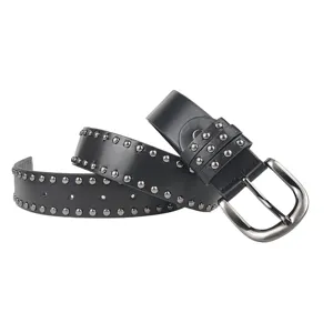 Punk style black leather belt for women featuring silver rivets and a metal buckle