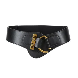 Women's vintage fashion wide elastic waist belt with decorative gold metallic buckle cincher