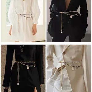 Elegante cintura a catena in metallo dorato con intreccio in pelle PU nera e ciondolo lucchetto