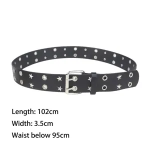 Black punk style leather belt with star rivets and double grommets, 102cm length info