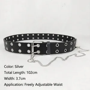 Detail view of black punk belt with double eyelets and silver decorative chain