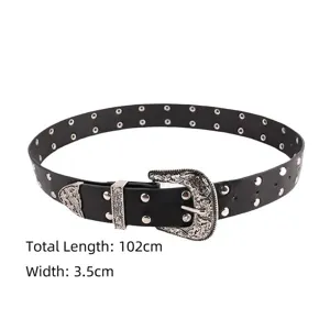 Y2K punk style black belt with rivets and ornate metal buckle, length 102cm, width 3.5cm