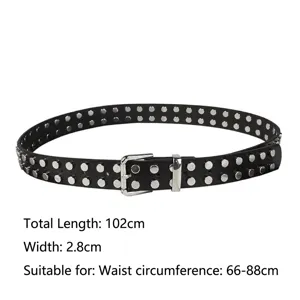 Punk style black leather belt with silver rivets and size dimensions