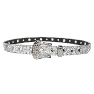 Stylish silver rhinestone belt for women with Y2K sparkly sequins and eyelet detail