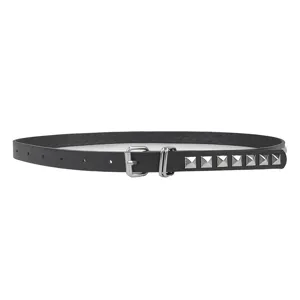 Stylish vintage black skinny leather belt for women featuring silver square metal studs