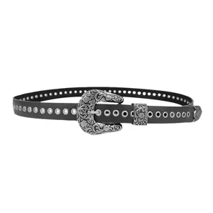Vintage Y2K punk style black belt with ornate silver carved buckle and eyelets decor