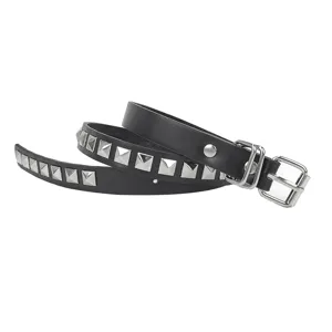 Vintage black thin belt featuring square silver studs and classic buckle for women's jeans