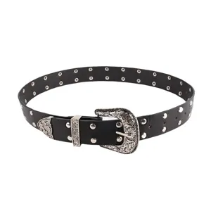 Punk style black faux leather belt for women with rivets and engraved silver buckle