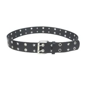 Black punk Y2K leather belt with silver star studs and decorative metal eyelets for women