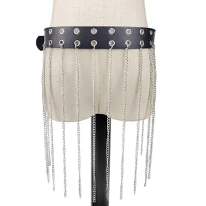 Cinturón de Cuero PU Punk Y2K para Mujer Cadena de Cintura con Borlas de Metal Plateado Cadena de Cuerpo Cinturón de Doble Ojal para Fiesta