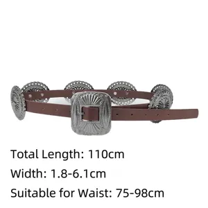 Bohemian vintage western wide belt with engraved silver metal conchos for women