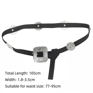 Detailed view of bohemian western leather belt with carved silver flower studs and dimensions