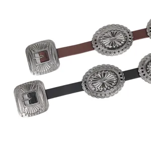 Vintage Western cowboy belts for women with carved bohemian buckles in brown and black
