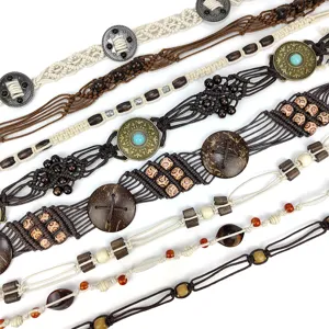Women Bohemian Ethnic Braided Waist Belt Retro Handmade Wood Bead Tassel Dress Decor Accessories
