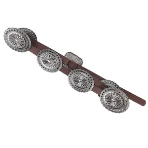 Vintage Western concho belt with brown leather and carved silver oval medallions for women