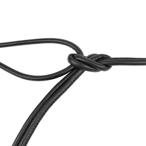 Close-up of black leather rope belt with knot and decorative stitching detail.