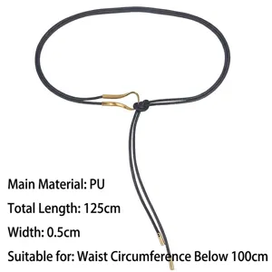 Detail of thin black PU leather rope belt showing 125cm length and 0.5cm width specs.