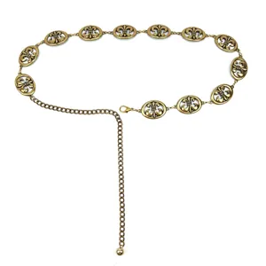 Retro gold metal waist chain featuring fleur-de-lis medallions for fashion dresses