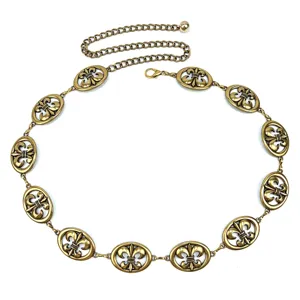 Vintage gold metal waist chain belt with fleur-de-lis medallions for women dresses