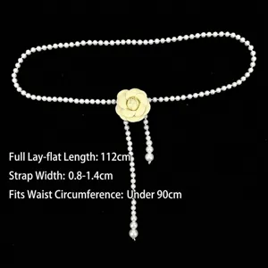 Elegant pearl waist chain belt with camellia flower ornament for women's dresses