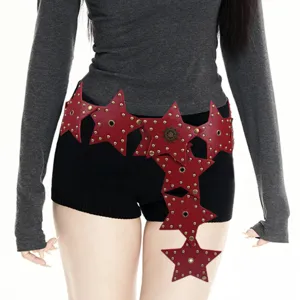 Women Vintage Punk Star Splicing PU Leather Waistband Exaggerated Studded Wide Belt Retro Streetwear Accessory For Party
