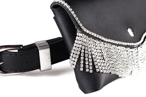 Close-up of elegant black belt pouch featuring shimmering rhinestone fringe details