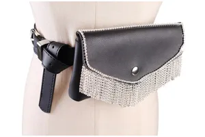 Elegant black faux leather fanny pack featuring sparkling rhinestone fringe decoration