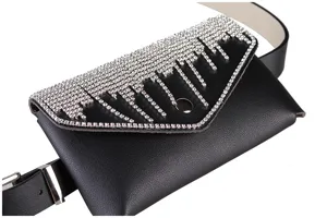 Close-up detail of stylish black leather waist bag with sparkling rhinestone embellishments