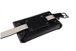 Close-up of stylish black leather waist bag with rhinestone trim and white belt strap.