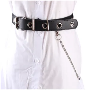 Black punk style wide belt with silver eyelets and detachable silver chain accessory