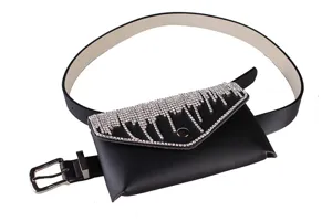 Close-up of black belt bag with sparkling dripping rhinestone pattern and silver buckle