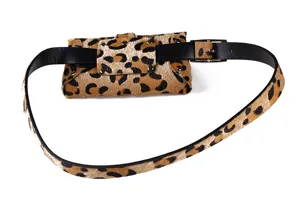 Back view of leopard print horse hair waist bag with thin black belt attachment