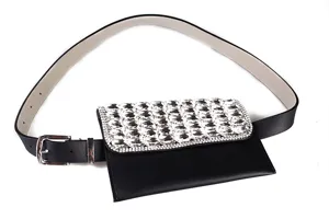 Elegant black leather waist bag featuring a sparkling rhinestone encrusted flap detail