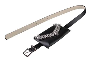 Detail view of black leather belt bag with sparkling rhinestone V-shape embellishment
