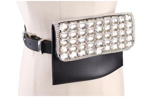 Elegant black leather waist bag detail with sparkling clear rhinestone embellishments