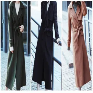 Detailvergleich von langen Wollmänteln in Grün, Schwarz und Camel mit Taillenband