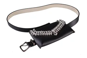 Elegant black leather belt bag featuring sparkling rhinestone feather details for women.