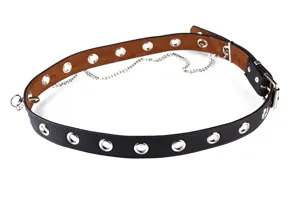 Punk style black belt with silver eyelets and decorative metal chain detail.