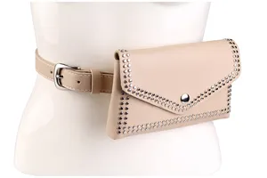 Close-up of a beige punk style waist bag with silver rivets displayed on a mannequin