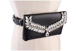 Elegant black leather fanny pack featuring luxury rhinestone embellishment on a mannequin