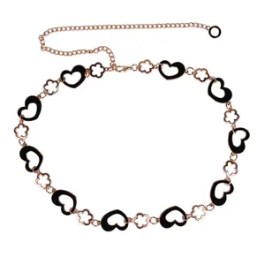 Elegante catena in metallo per vita con cuori e fiori per abiti da donna, oro e nero.