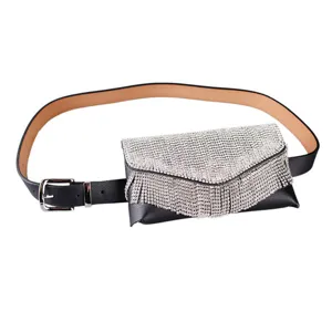 Women's Rhinestone Waist Bag Belt Fashion PU Leather Mini Square Phone Pouch Waist Belt With Tassel Rhinestone Decor