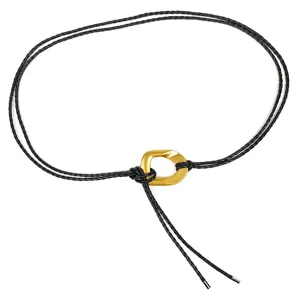Handmade braided black waist rope with gold metal buckle for women's summer dresses.