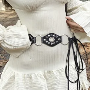 Vintage Western Y2K PU Leather Belt For Women With Rivets Metal Rings Patchwork Design Punk Millennium Style Waist Accessory