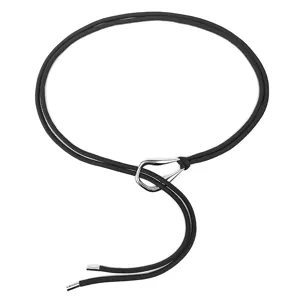 Minimalist thin black decorative waist rope belt for women with silver loop buckle