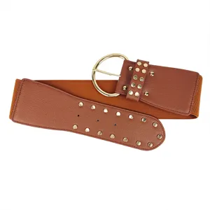 Ceinture élastique marron vintage pour femme avec boucle ronde dorée et clous décoratifs